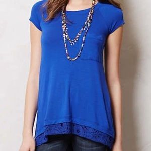 Anthropologie Bordeaux Blue Tunic T Shirt with Lace and Pocket